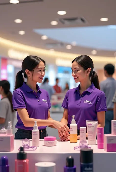 Simulate 2 PG-PB friends selling at the Mall counter ( Wear a purple polo shirt, logo t.THE.c) Sell Vxebra Cosmetics , Vnaturecare shampoo and perfume 