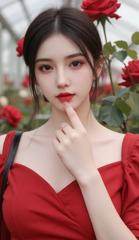 An elegant beautiful young girl with smooth pink skin and fashion style Beautiful girl face a red dress with smooth white skin and the landscape shows that it is a greenhouse with red roses that decorate the landscape for the young woman Beautiful elegant ...