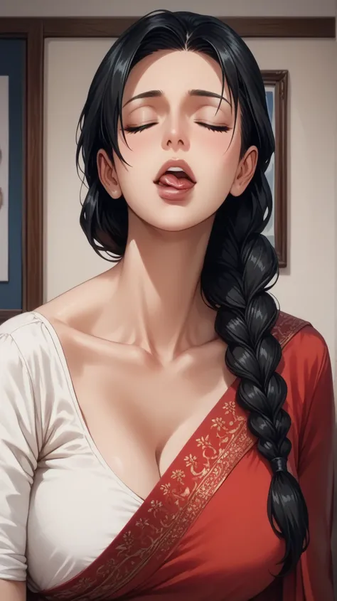  A mature woman in ((Black Hair)), ((Braid)), breasts, Eyes, Anime Style, in red saree with matching blouse  ,((front view))1girl,Parted Lips, Tongue, Closed Eyes, Framed, 