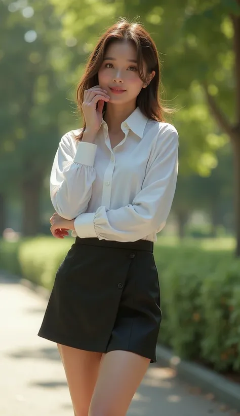  An elegant upper-class secretary in a business shirt , In the park, Wear flesh-colored pantyhose、Wear high heels、 girl in shirt,, merchant,  wear a tight-fitting shirt and a miniskirt that wraps around the hips, A young woman wearing a tight-fitting shirt...