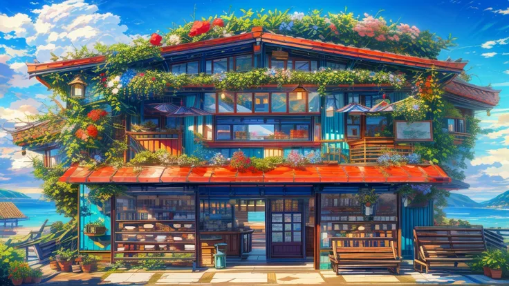 At dusk, when powdery snow falls, this whimsical two-story seaside candy shop is covered with bright flowers cascading down from its red-tiled roof and balcony. The restaurant's exterior walls are painted teal and decorated with vines and colorful flowers,...