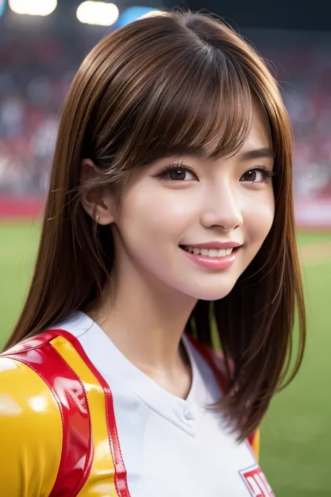   super detailed  ,  bright color,(8k:1.5),Masseter muscle part,  very beautiful and detailed face and eyes  ,Age 25, チアガール(  Latex Cheerleader Uniform),   mature woman, /(Brown Hair/) ,  (Laugh brightly),  Latex uniform  、  outdoor, audience,(Baseball Sta...