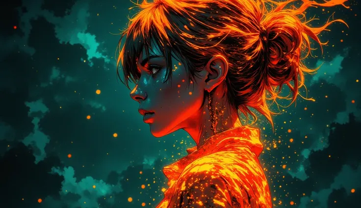 high quality, 8K ultra HD, Una hermosa double exposure que combina una silueta de mujer con un fuego turquesa  enorme que le quema el pelo, el fuego turquesa should serve as a backdrop,  with its details incorporated into the woman , sharp lines, The backg...