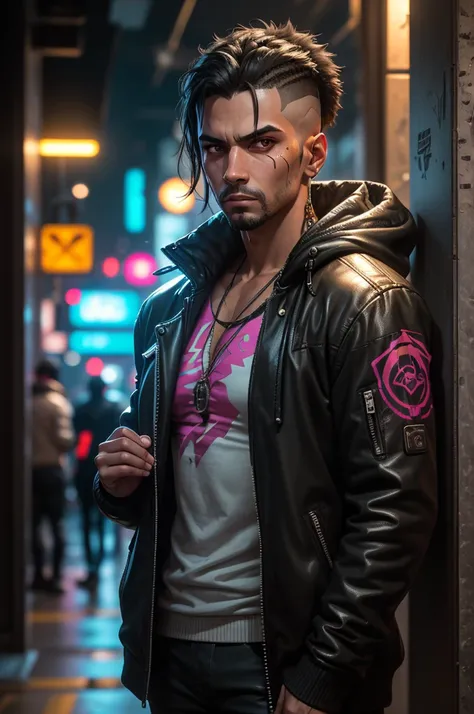 create a character portrait of a latino medtech in cyberpunk 2077 style, dressed in bright colored casual street fashion