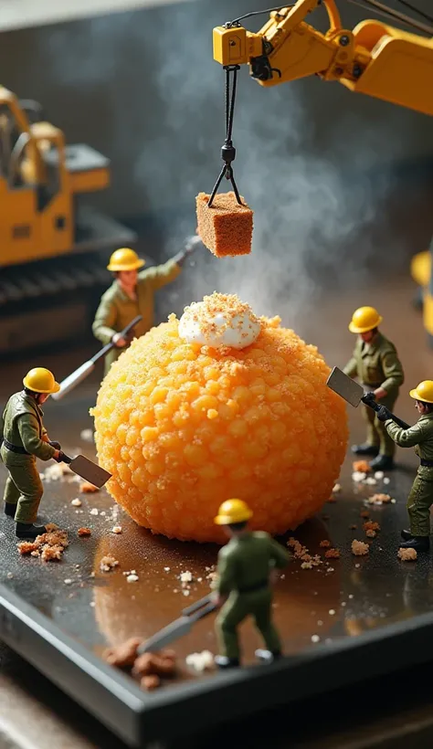 **"A group of ultra-miniature construction workers, about the size of army men, realistically detailed, cooking a giant takoyaki ball. Some workers are using tiny spatulas to flip the takoyaki on a hot griddle, others are brushing sauce on top, and a small...