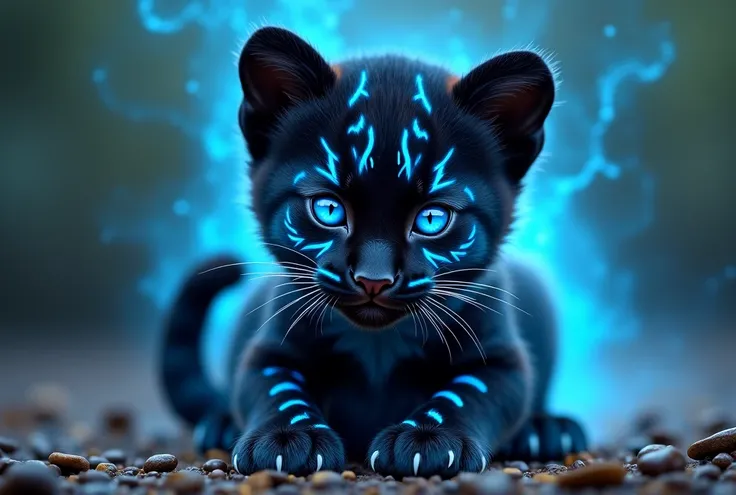 A cute black leopard is a fluffy kitten with massive ornaments with runic pismen glowing on its face in blue flames, similar to lynx and other wild cats


