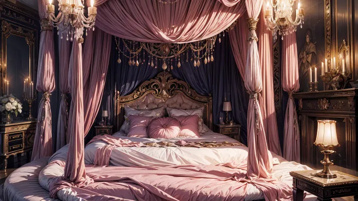 Best quality, masterpiece, ultra high res, raw photo, beautiful and aesthetic,deep shadow, fantasy theme,(ultra detailed:1.3), divine, royal bedroom, indoors, luxurious, canopy bed, full of curtains, pillows, jewelry, candlelight, queen chamber, pink room