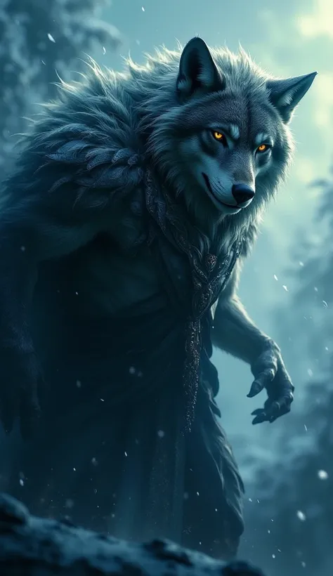 famous digital artwork, dark, high resolution, hyper realistic, uhd, 8k, 4k, dramatic, dutch angle, diagonal composition, epic, highly aesthetic, accurate, born on the breath of winters cold wind, a feral beast with eyes like the sky, sent by the spirits t...