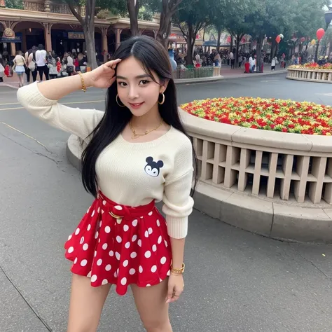 thaiwomen,1girl, Realistic photo of curvy Korean woman with long black hair, loose white Mickey mouse sweater, red polka dot pleated short skirt, gold bracelet, watch and necklace accessories, red earrings small black shoulder bag, red nike sneakers and wh...