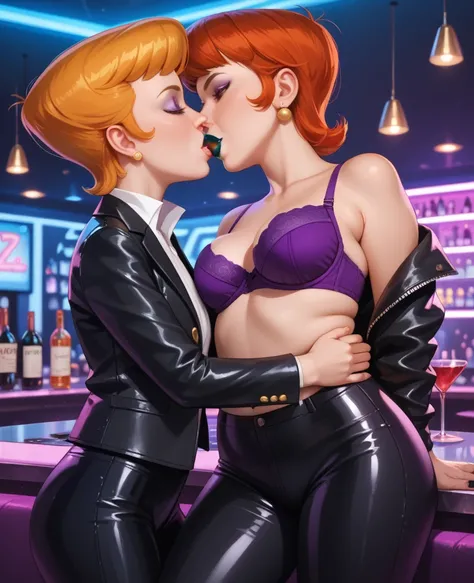  1 number,  Dexter Mother from the cartoon  "Dexter Laboratory",  short hair , Red hair, seductive abode ,  black lipstick, black jacket, purple bra,  black latex pants ,  at a nightclub,  arms crossed.  purple makeup . Fat chested .   Ultra realistic  , h...