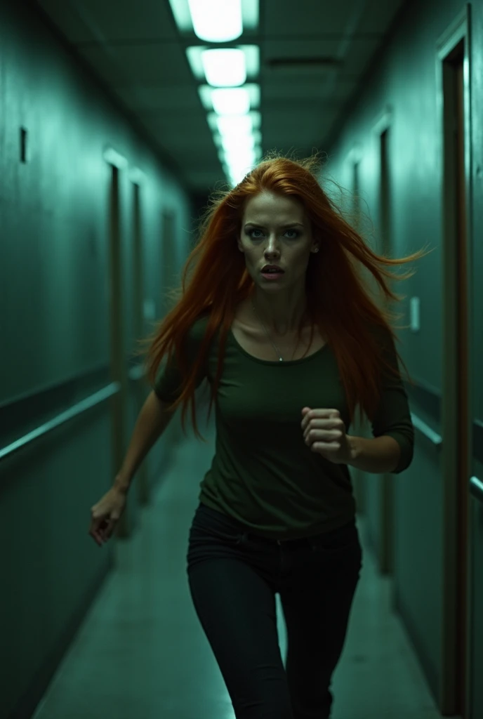 A long, dark corridor stretches endlessly, illuminated by flickering, cold fluorescent lights. A stunning European woman with vibrant green eyes, long, straight, fiery red hair, and a curvy Latin body is running desperately down the hallway. Her expression...