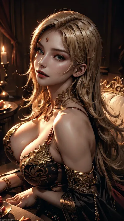 ( masterpiece), A blonde woman with long and realistic blonde hair adorned with a very elegant and sexy traditional outfit that includes a lot of gold and platinum jewelry,  cute and sexy face, very big and sexy breasts , wet nipples,  sexy body type, sexy...