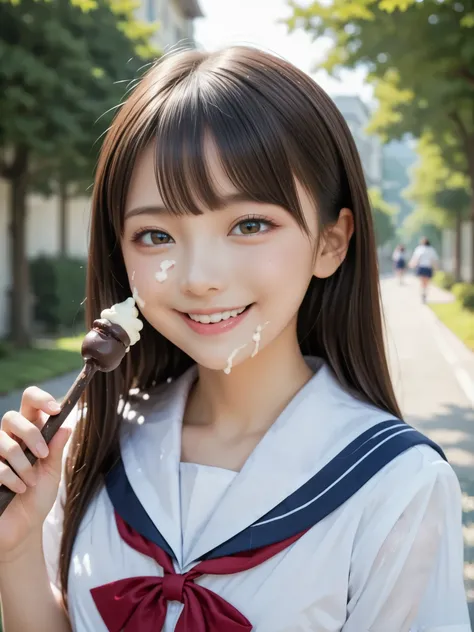 Licking a chocolate stick, nsfw, petites, loli, seductive smile, japanese, Outdoors, school uniform, cream on face,