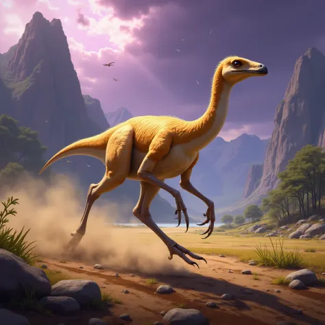  A swift Gallimimus runs at full speed across a vast prehistoric plain ,  his slender and light body covered with feathers in tones gold and amber brown .  Their long, flexible neck extends forward ,  while their large alert eyes reflect intelligence and c...