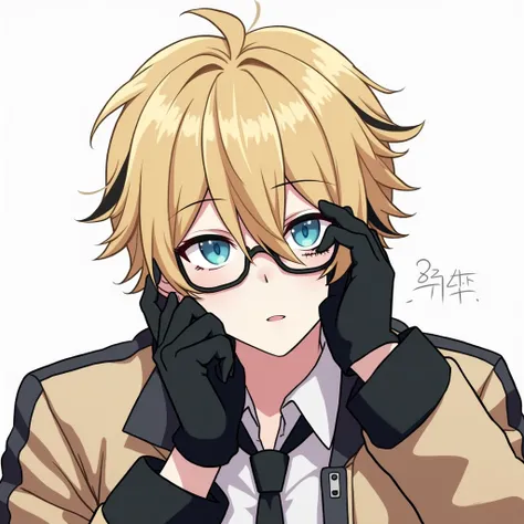 short fluffy blonde hair with a black streak, white skin, blue eyes, anime style, with a bomber jacket and black gloves, nerd style glasses, hair almost covering his eyes, black tie, 32 years old, adult, male, masculine traces