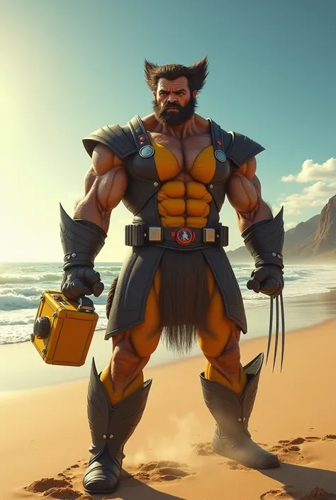 Wolverine, is standing on the beach ,medium hand holding yellow color reactor arc box, background of a vast expanse of beach sand,ocean side background, realistic image ,HD quality