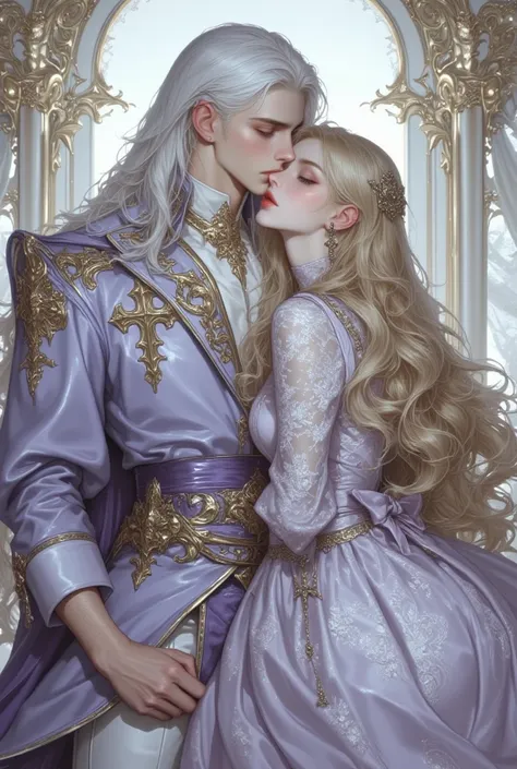  Beautiful luxurious pattern ,  seductive,  hugging and kissing a tall ,  beautiful , athletic,  courageous young man with long white hair, Fantasy, light,  white marble palace ,  incredibly beautiful blonde , dressed in delicate lavender ,  luxurious lace...