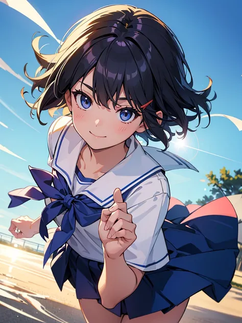 cinematic angle, solo focus,masterpiece, best quality, extremely detailed, absurdres, (from above) ,lens flare, very aesthetic,one cute girl has short hair, (wind), the background is park,
, the girl wearing (school uniform ),light smile,