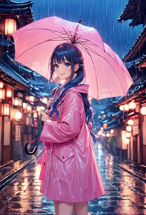   light blue long hair、   beautiful twin-tail girl、 pink raincoat、Rainy Japanese-style night landscape(Some pictures )、Walking with a smile、 I have a pink transparent umbrella、Japanese style streetscape