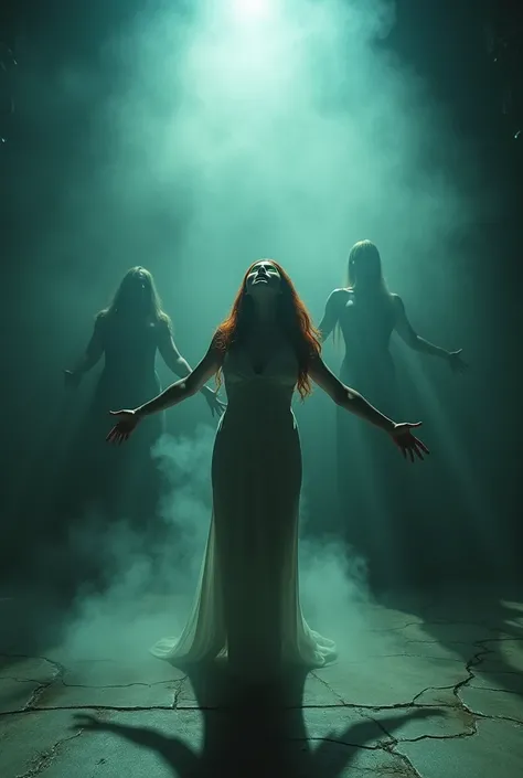 A desolate stage in an abandoned, fog-filled theater. A stunning European woman with vibrant green eyes, long, straight, fiery red hair, and a curvy Latin body stands at the center, her arms stretched wide as she screams in agony. Shadows twist and writhe ...