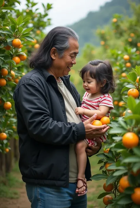  Indonesian man , 40 years old , rather chubby ,  clean face ,  long curls , black jacket ,celana blue jeans,  expression of thin smile,  looking at camera  ,while picking citrus fruits ,at the back of the house with her beautiful daughter ,  is very detai...