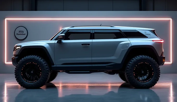 A side-angle ultra-realistic image of the 2025 Hummer EV SUV, showcasing its futuristic, aerodynamic design. The matte-finish body enhances its rugged yet premium aesthetic. Massive all-terrain tires with glowing accents sit under extended wheel arches, em...