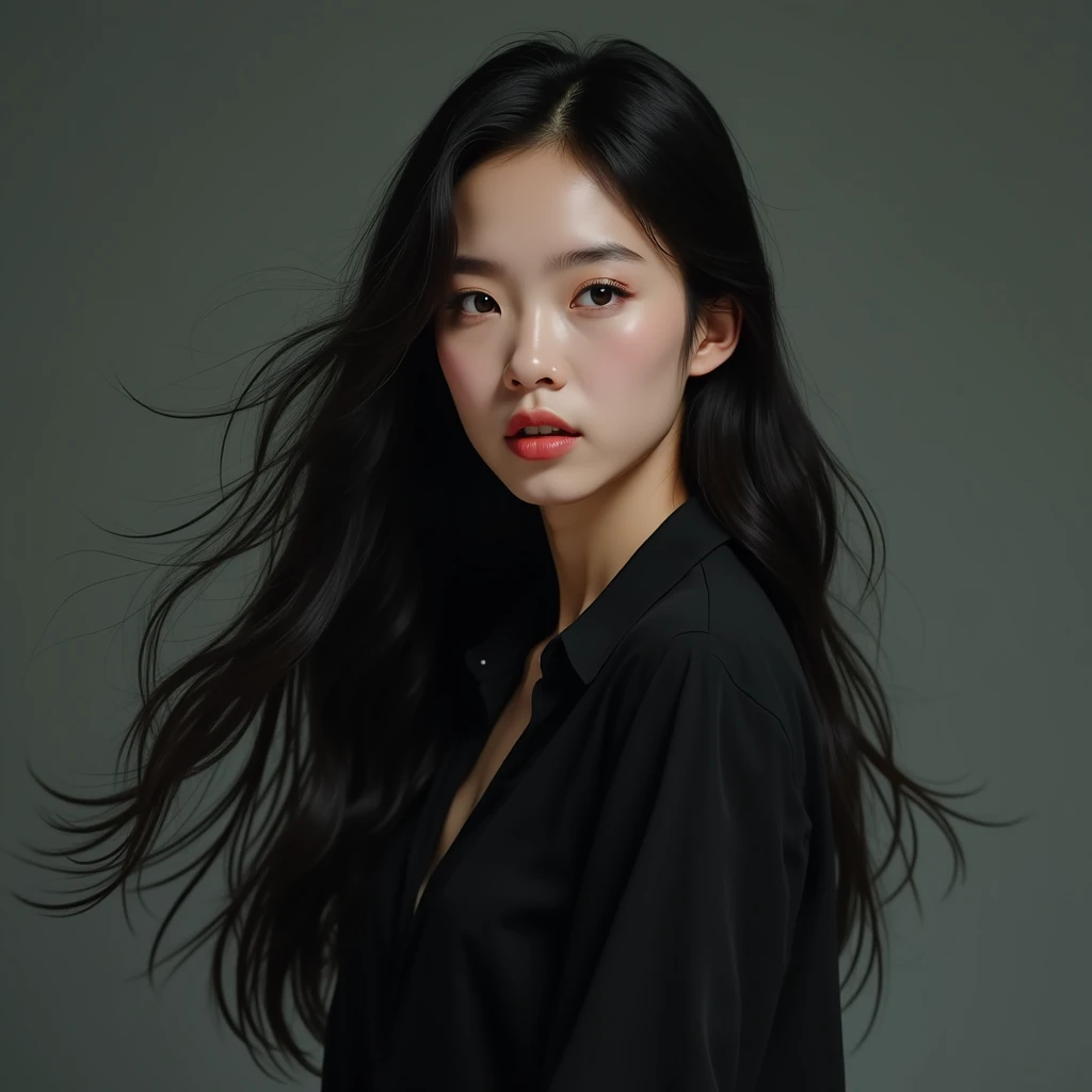 , a sweet Thai woman ,  but she's a little serious ,  She's a K-pop singer ,  who has long black hair ,  she's wearing a black shirt and smiling half-turned, She's protecting the band  