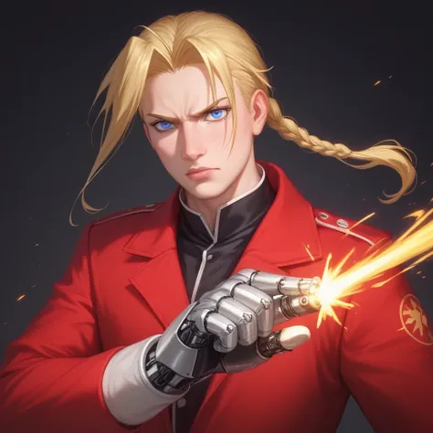 *" A hyperrealistic portrait of Edward Elric , The protagonist of Fullmetal Alchemist.  His expression is serious and determined , with an intense and challenging look,  VERY MASCULINE.  His golden blond hair is tied in a braid with some loose locks framin...