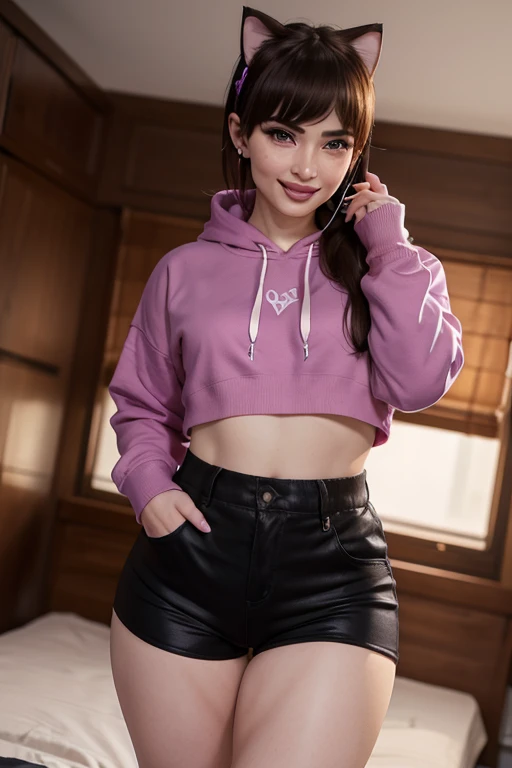 a transgender ,  female body.  An experienced and exuberant trans ,  with a confident and seductive look ,  a captivating smile and a wonderful body,  wearing designer clothes, casually dressed at her house .  wearing a plus-size hoodie ,  little black sho...