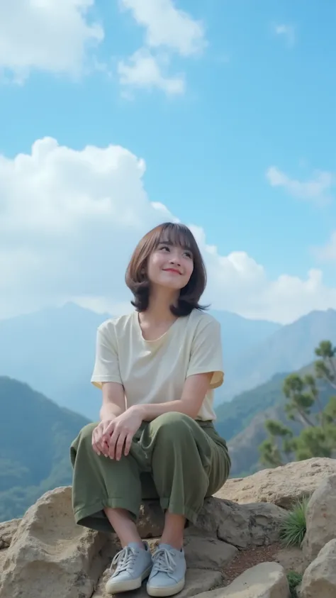 A young woman, likely Asian, sits on a rocky outcrop.  She is positioned in the mid-center of the image, slightly angled to her right. Her short brown hair flows around her shoulders with bangs. She wears a simple, light-colored, almost white t-shirt and o...