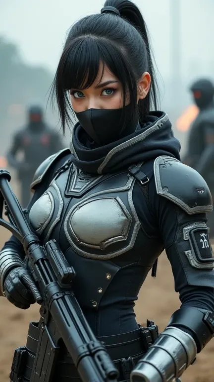 " A powerful and elegant female figure ,  with a black and white tactical combat suit ,  inspired by a modern ninja design .  The suit includes strategic details such as decorative accents of protective armor plates padded on elbows and knees,  and a black...