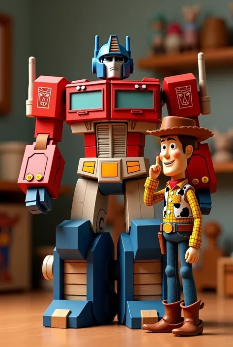 Imagine a unique fusion of Toy Story and Transformers: a wooden Optimus Prime standing proudly beside Woody. Optimus, reimagined as a handcrafted wooden toy, has a classic cowboy-like charm, with carved joints, painted details mimicking his iconic red and ...