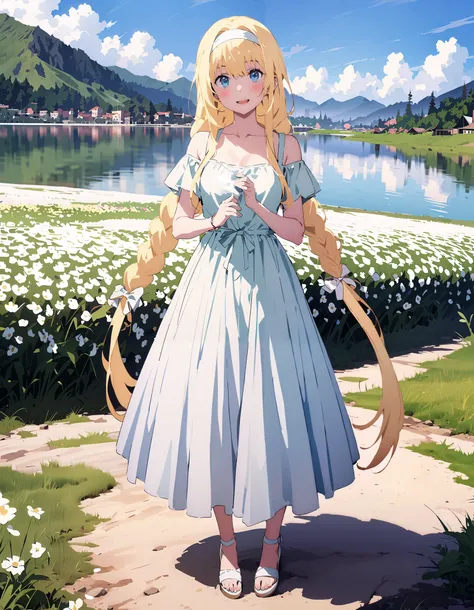 Alicesburg,  Alice Sberg , Alone,bangs,  blue eyes,   blond hair,  smile,blush, open your mouth, hair between eyes, Very long braids,  single braided , headband, white  headband,yellow off-the-shoulder dress,Medium breast, white long skirt, cute heeled san...