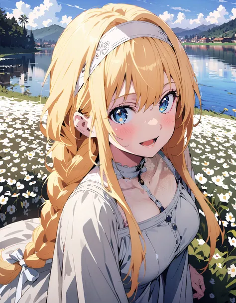 Alicesburg,  Alice Sberg , Alone,bangs,  blue eyes,   blond hair,  smile,blush, open your mouth, hair between eyes, Very long braids,  single braided , headband, white  headband,yellow off-the-shoulder dress,Medium breast, white long skirt, cute heeled san...