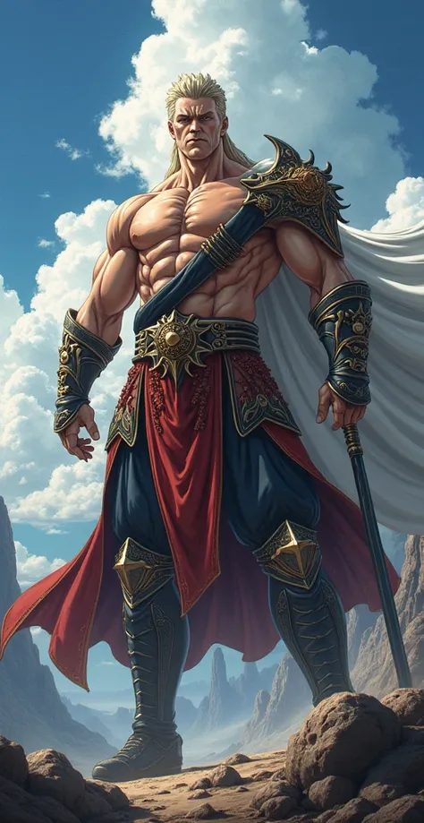 Create an image of Escanor  (Nanatsu no Taizai), superior quality ,  masterpiece,  Ultra High Definition, a man with a Divine Axe Rhitta, seven deadly sins anime, Escanor, Muscular, strong,