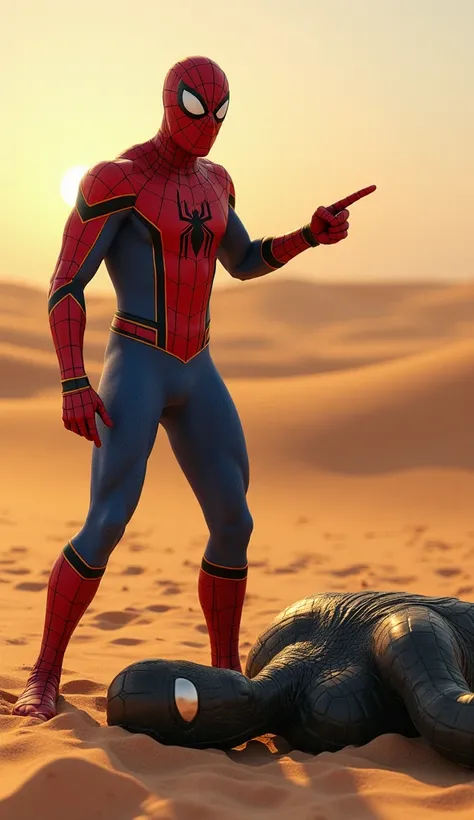 Create a realistic 3D digital artwork of Spider-Man standing in the scorching desert, pointing at the lifeless bodies of Venom and Captain America while laughing mockingly. His red and blue suit is slightly dusty from the harsh environment, but his posture...