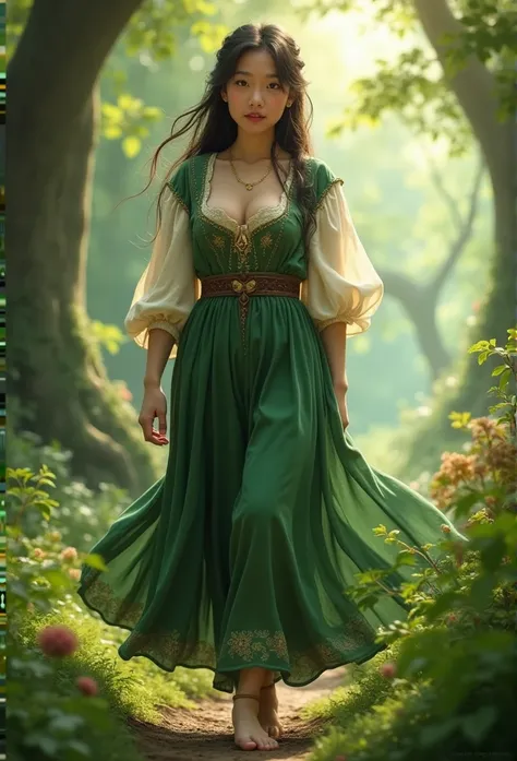 Chubby cute Asian in a fantasy setting, walking in the woods, cleavage,  green medieval peasant dress