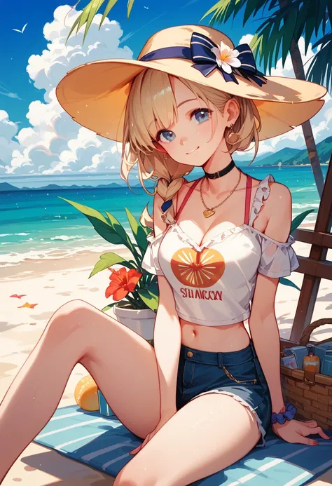 posters、 anime style、Beautiful girl sitting on a sandy beach、 cute