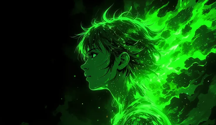 high quality, 8K ultra HD, Una hermosa double exposure que combina una silueta de mujer con un fuego verde  enorme que le quema el pelo, el fuego verde should serve as a backdrop,  with its details incorporated into the woman , sharp lines, The background ...