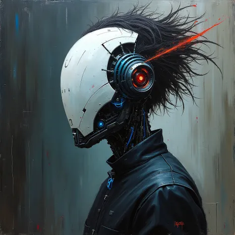 "Create an expressionist painting of a futuristic robot with a striking, intricate mask featuring mechanical details and a unique hairstyle. urban style. Use bold, expressive brush strokes to evoke emotion, incorporating a palette of stark whites, blacks, ...