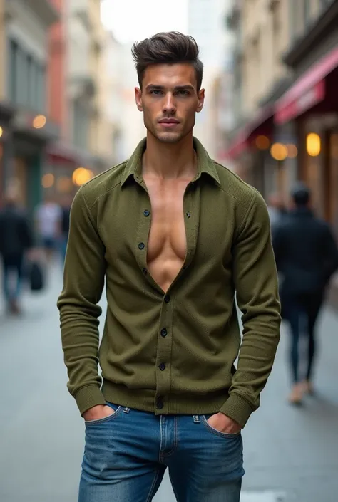 a man in a green shirt and jeans is standing on a street, mesh shirt, green shirt, tight shirt, wearing tight shirt, 4 0 9 6, casual green clothing, wearing a green sweater, green clothing, olive green, in style of ultra realistic, light green, casual clot...