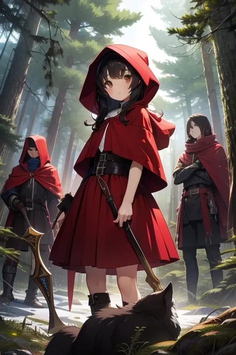  top quality,   ultra high resolution、 anime style、(( girl)), completely naked. battle axe that wears lightning、 semi-long black hair, brown eyes, Little Red Riding Hood,Desolate Forest ,Surrounded by a pack of wolves