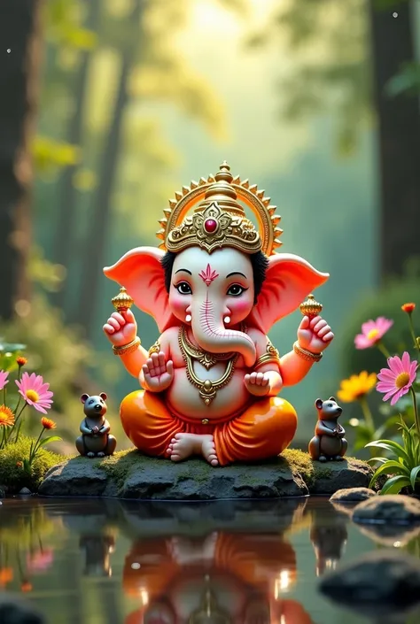 Baby Ganapati Bappa siting for calm in forest. Nandi maharaj and Rat also sitting near with hands close, and river is also there side. in background there is colourful flowers and plants. Add trishul a side and he has only 5 fingers on his both hands and b...