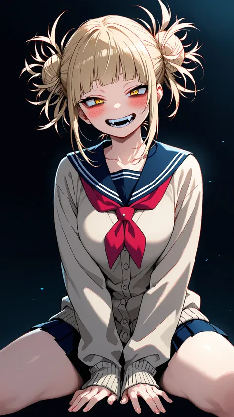  top quality，Accurate Fingers，
 1 girl,  bewitching smile in AKB48 costume, 
 Our Hero Academia ， Toga Himiko，
 dark background， soft light ，
Narrow eyes，Eyes with highlights，
 slender，Small double tooth，
 navy blue sailor suit， cardigan with hands，
hand b...