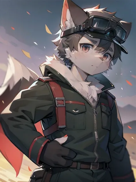 wolf，Gray feather ， Red-eye， German military uniform ，Wear windproof goggles ， Single Person ，. The background is a dark battlefield.， chest ， boy，Youth