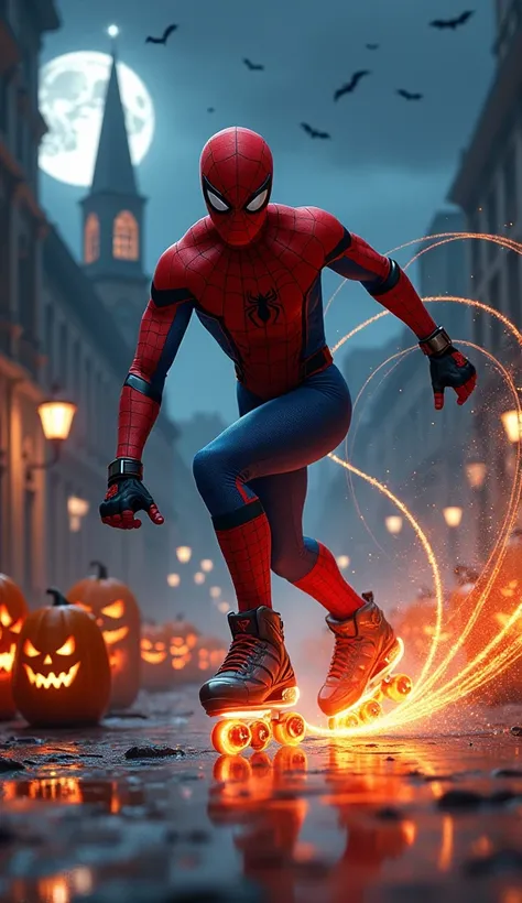 Spiderman,  using inline skates with glowing luminous wheels, gloves and knee pads , Full Moon Church, pumpkins, calaveras, realistic bats,  moving at speed in the city at night, orange smoke