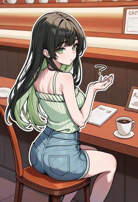 1girl, beautiful girl,24 age, flat_design, outline_art, miniature, shoulder length hair, bang, korean girl, light green summer knit, short jeans, black hair,blown hand back, cafe, sit chair, fulll body shot, illustration, look at viewer