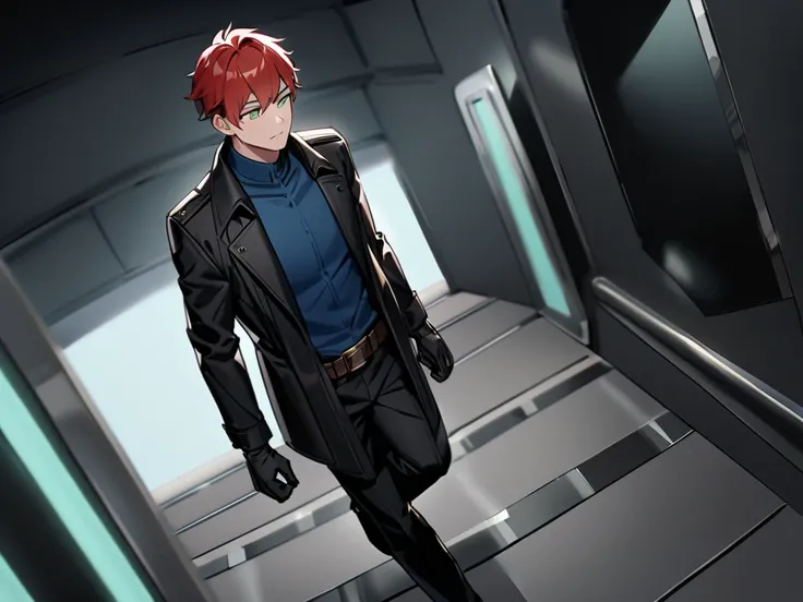  A 30-year-old man,  red hair,  water green eyes,  has a black trench coat,  blue shirt, Bring black pants, a brown leather belt, Do you have military shoes, He also has gloves that look futuristic.  This is also a corridor with a white wall and the floor ...