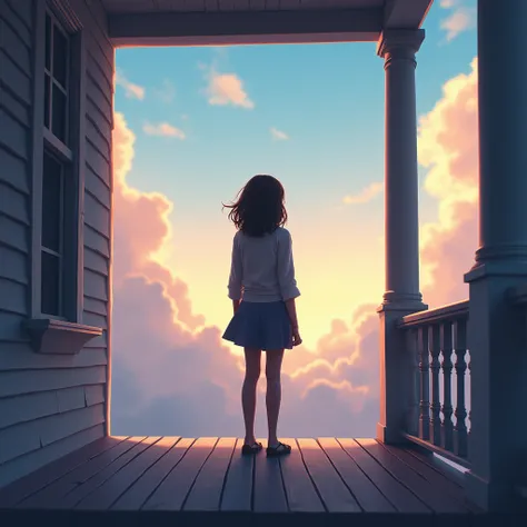 A Silhouette Against the Sky:
A silhouette of the girl from backside, standing on a porch, gazing into the sky. The sky could be full of soft, pastel colors as she imagines flying, symbolizing freedom and possibility.

With a title, What if you fly?."