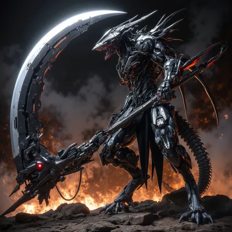 Fighter Machine Demon  :   Strong and Threatening Figure  ,   Equipped with a Brilliant Hybrid Sickle and Spear Weapon  ,   Armor Combating Gears and Technical Elements with Demonic Organisms,   Fighting in a Magma Zone Filled with Smoke and Igneous Rocks ...